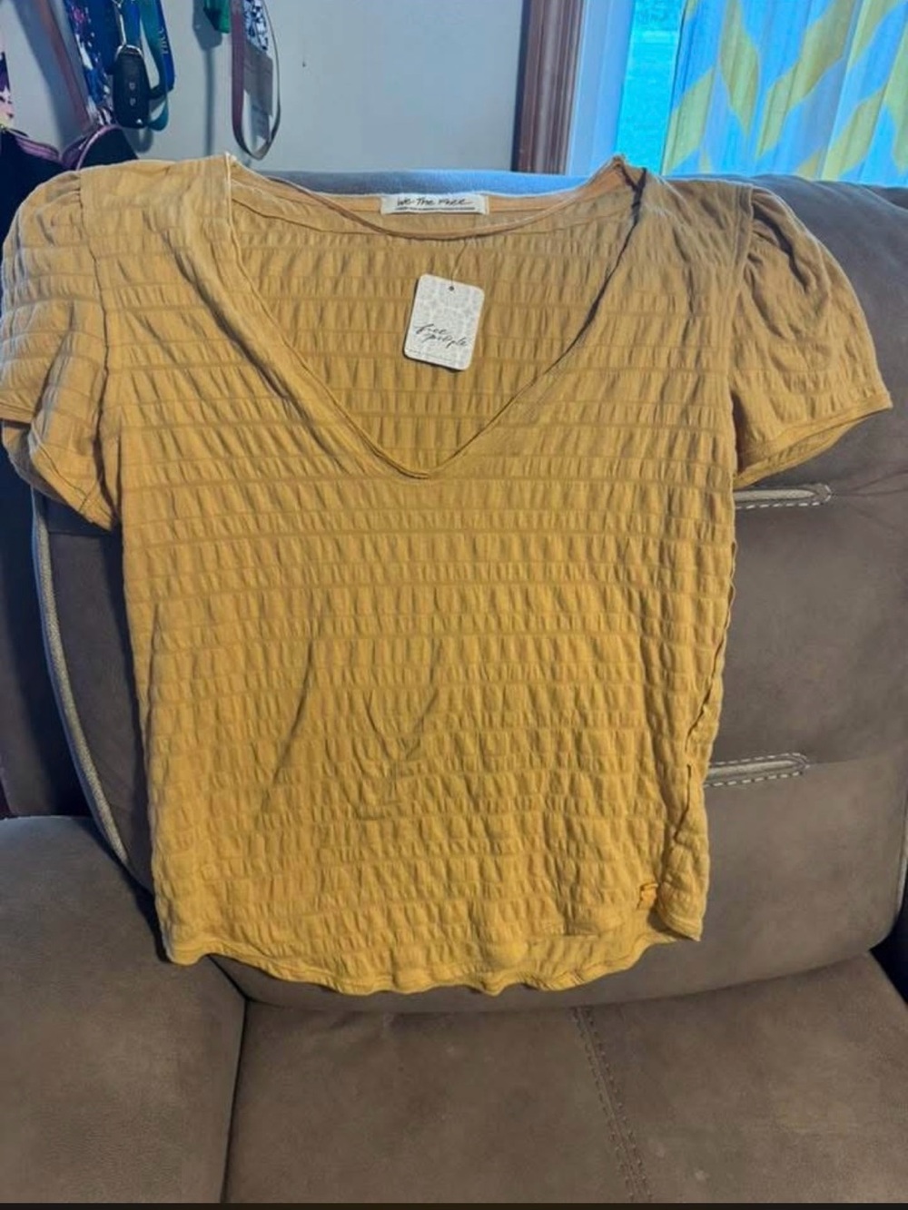 Women's L free people Mustard Textured V-Neck Top